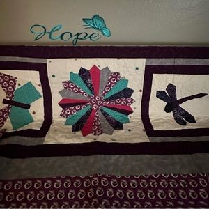 Homemade quilt 58 x 37, purple plum gray teal, dragonfly butterfly design